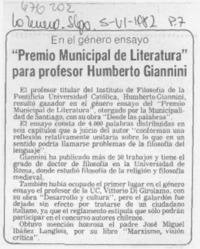 "Premio municipal de literatura" para profesor Humberto Giannini.