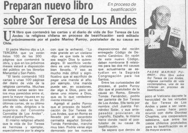 Preparan nuevo libro sobre Sor Teresa de Los Andes.