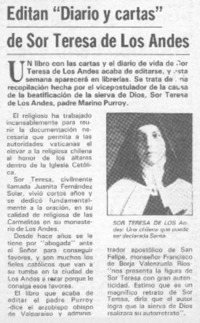 Editan "Diario y cartas" de Sor Teresa de Los Andes.