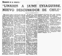 Linares a Jaime Eyzaguirre, nuevo descubridor de Chile".
