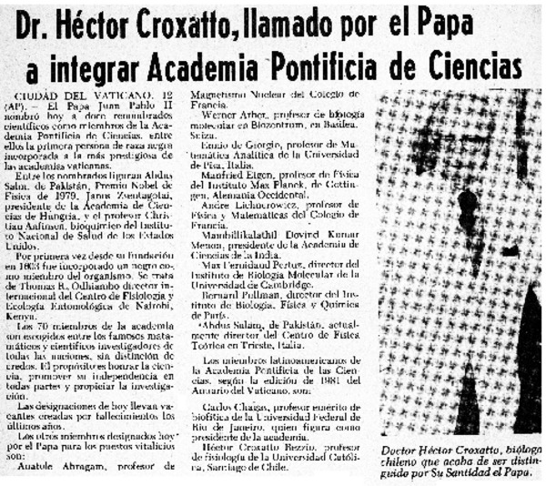 Dr. Héctor Croxatto, llamado por el Papa a integrar Academia pontificia de ciencias.