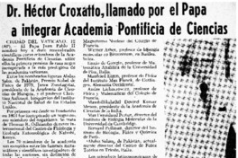Dr. Héctor Croxatto, llamado por el Papa a integrar Academia pontificia de ciencias.