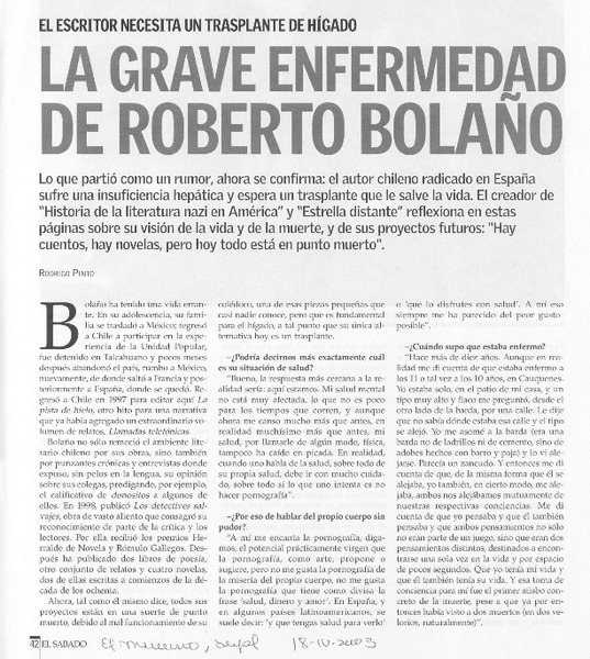 La grave enfermedad de Roberto Bolaño