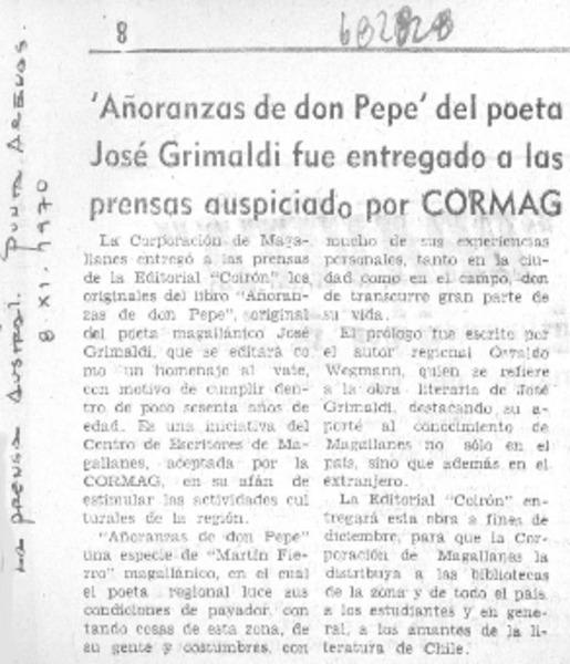 "Añoranzas de don Pepe" del poeta José Grimaldi fue entregado a las prensas auspiciado por CORMAG.