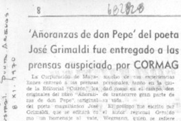 "Añoranzas de don Pepe" del poeta José Grimaldi fue entregado a las prensas auspiciado por CORMAG.