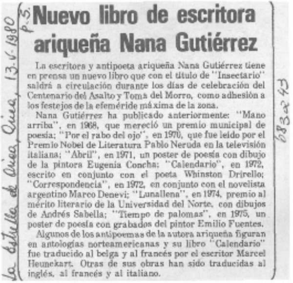 Nuevo libro de escritora ariqueña Nana Gutiérrez.