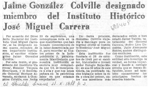 Jaime González Colville designado miembro del Instituto Histórico José Miguel Carrera.