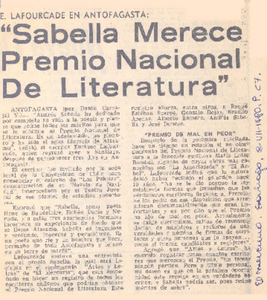 Sabella merece Premio Nacional de Literatura".