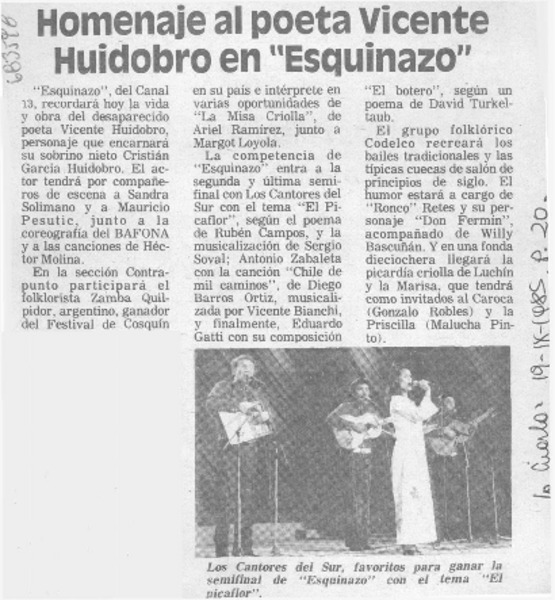Homenaje al poeta Vicente Huidobro en "Esquinazo".
