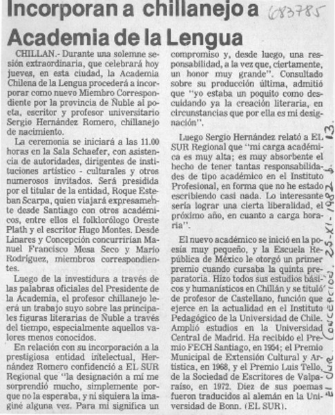 Incorporación a chillanejo a Academia de la Lengua.