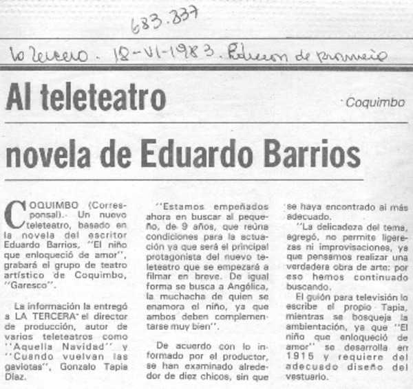 Al teleteatro novela de Eduardo Barrios.