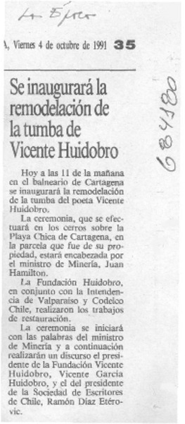 Se inaugurará la remodelación de la tumba de Vicente Huidobro.