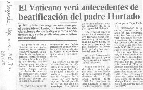 El Vaticano verá antecedentes de beatificación del padre Hurtado.