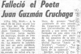 Falleció el poeta Juan Guzmán Cruchaga.