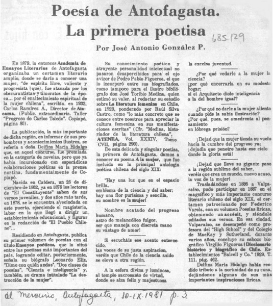 Poesía de Antofagasta. La primera poetisa