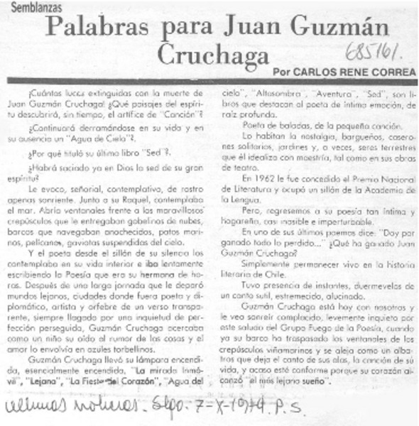 Palabras para Juan Guzmán Cruchaga