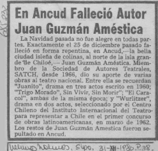 En Ancud falleció autor Juan Guzmán Améstica.