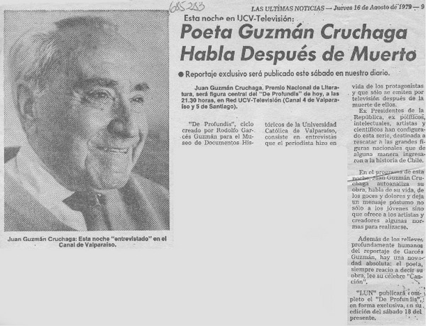 Poeta Guzmán Cruchaga habla después de muerto.