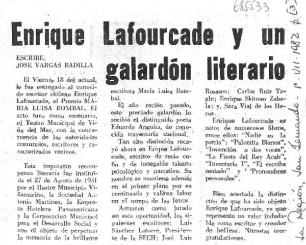 Enrique Lafourcade y un galardón literario