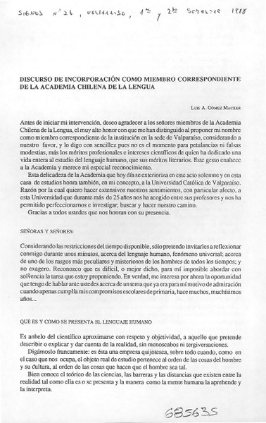 Discurso de incorporación como miembro correspondiente de la Academia Chilena de la Lengua