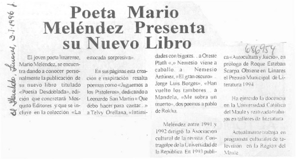 Poeta Mario Meléndez presenta su nuevo libro.