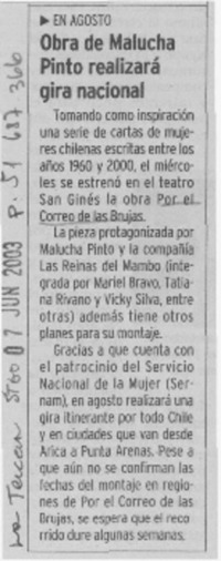 Obra de Malucha Pinto realizará gira nacional.