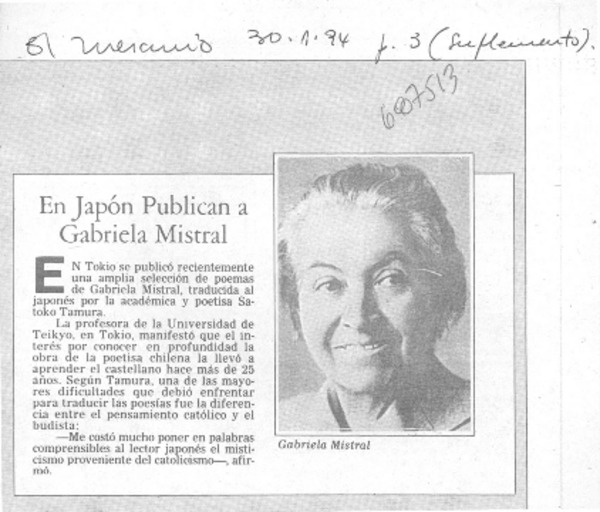 En Japón publican a Gabriela Mistral