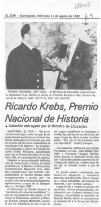 Ricardo Krebs, Premio Nacional de Historia.
