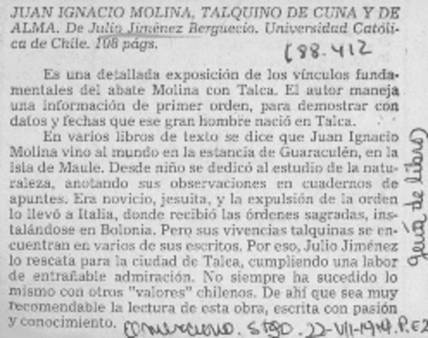 Juan Ignacio Molina, talquino de cuna y de alma