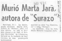 Murió Marta Jara, autora de "Surazo".
