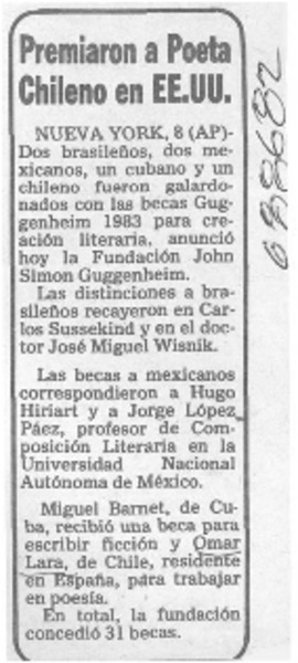 Premiaron a poeta chileno en EE.UU.
