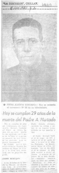 Hoy se cumplen 29 años de la muerte del Padre A. Hurtado.