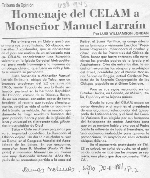 Homenaje del CELAM a Monseñor Manuel Larraín