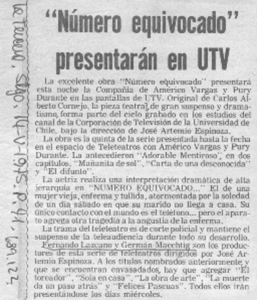 "Número equivocado" presentarán en UTV.