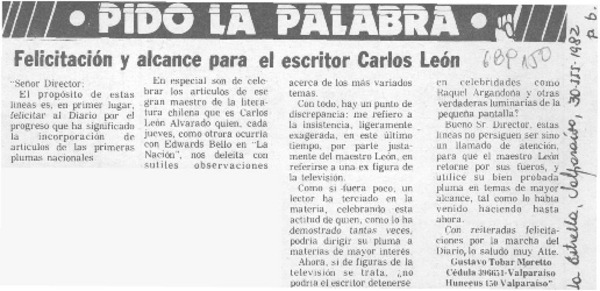 Felicitación y alcance para el escritor Carlos León.