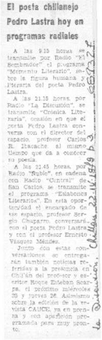 El poeta chillanejo Pedro Lastra hoy en programas radiales.