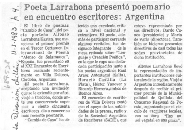 Poeta Larrahona presentó poemario en encuentro escritores: Argentina.