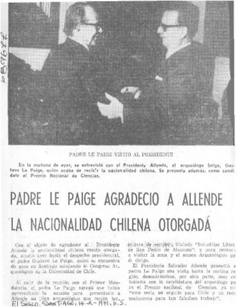 Padre Le Paige agradeció a Allende la nacionalidad chilena otorgada.