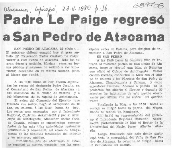 Padre Le Paige regresó a San Pedro de Atacama.
