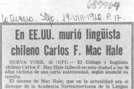 En EE.UU. murió lingüista chileno Carlos F. Mac Hale.