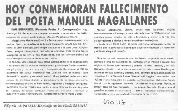Hoy conmemoran fallecimiento del poeta Manuel Magallanes