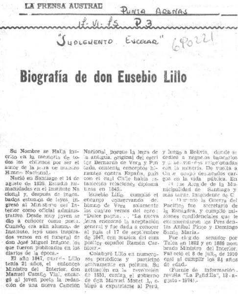 Biografía de don Eusebio Lillo.
