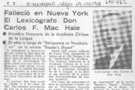 Falleció en Nueva York el lexicógrafo Don Carlos F. Mac Hale.