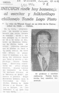 INECUCH rinde hoy homenaje al escritor y folklorólogo chillanejo Tomás Lago Pinto.