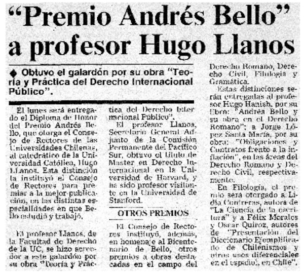 Premio Andrés Bello" a profesor Hugo Llanos.