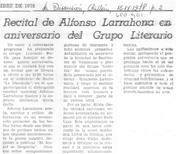 Recital de Alfonso Larrahona en aniversario del grupo literario.