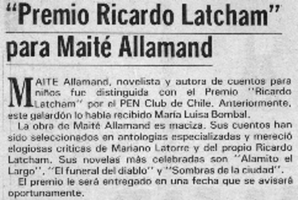 Premio Ricardo Latcham" para Maité Allamand.