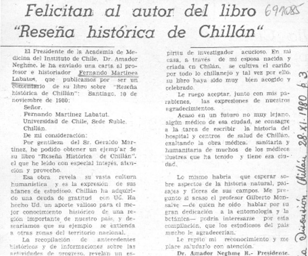 Felicitan al autor del libro "Reseña historica de Chillán".