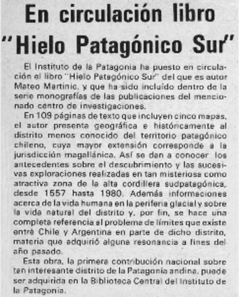 En circulación libro "Hielo patagónico sur".