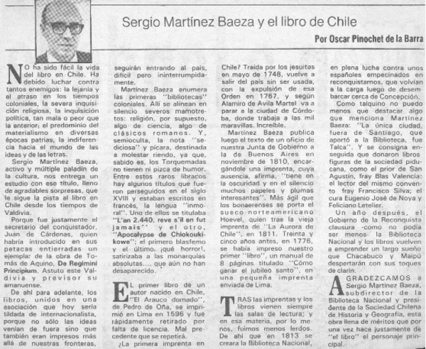 Sergio Martínez Baeza y el libro de Chile